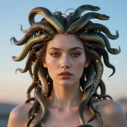 day time, a cyberpunk close up portrait of cyborg medusa, electricity, snakes in hair, sparks, bokeh, soft focus, skin tones, warm, sky blue, daylight, by monet, paul lehr, jesper ejsing