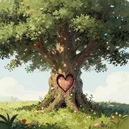 A beautiful digital illustration painting of a detailed fantasy tree with a heart carved in the trunk grass and flowers by Blair Leighton and  Lisa Frank, 8k resolution trending on Artstation concept art digital illustration