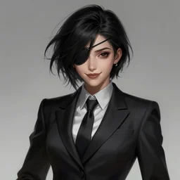 a highly detailed illustration of beautiful short black messy haired woman wearing single eyepatch and noir style suit and tie, dramatic smiling pose, intricate, elegant, highly detailed, centered, digital painting, artstation, concept art, smooth, sharp focus, league of legends concept art, WLOP