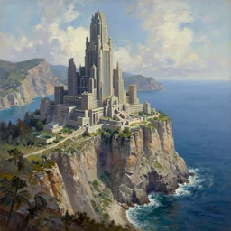 villain brutalist big base of James Bond, coastal perched on a cliff overlooking a magnificient bay, concept art oil painting by Jama Jurabaev, extremely detailed, brush hard, artstation