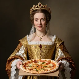 historical portrait of queen margherita of savoy holding up a pizza to the camera
