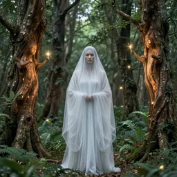 a portrait of the ghost lady of the forest with wood spirit in the trees with will o the wisp, photorealistic, by greg rutkowski, wlop, 4 k resolution h 7 6 8