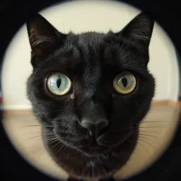 black cat with wide eyes, fisheye lens, extreme close up