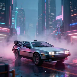 delorean in a cyberpunk city with skyscrapers, artstation award winner, digital art, mist fog, volumetric lighting, neon colors, short telephoto, octane render, highly detailed