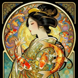 side profile centered portrait, japanese goddess of koi fish, by artgerm, cushart krenz, greg rutkowski, mucha. art nouveau. gloomhaven, swirly vibrant ripples, gaudy colors, sharp edges. ultra clear detailed. 8 k. elegant, intricate, octane render