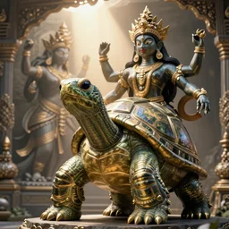 Turtle Warrior Statue seeing the light of god with Kali blocking the view, hyperdetailed, artstation, cgsociety, by greg rutkowski, by Gustave Dore