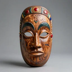 high quality voodoo mask, carved wood, colourful embellishments, soft lighting, intricate, studio lighting, high quality, hd render
