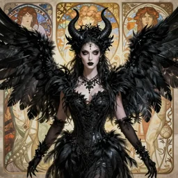 portrait of a beautiful demon queen, black feathers, wings, fantasy, whimsical, horror, alphonse mucha, pamela colman smith, artgerm, josephine wall, amanda sage, anato finnstark, intricately detailed, highly detailed, trending on artstation