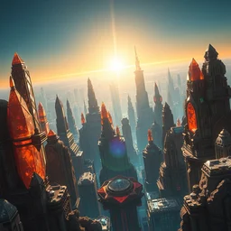 futuristic metropolis, highly detailed crystal and gemstone relics, bright sun magic hour, digital painting, solid cube of light, hard edges, artstation, sharp focus, illustration, 8 k highly detailed, aerial view