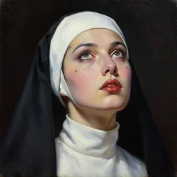 hyperrealism oil painting, complete darkness background, close - up face portrait from up, nun fashion model looking up, in style of classicism mixed with 8 0 s sci - fi japanese books art, tattoo on face