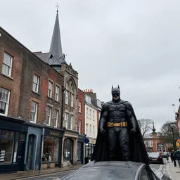 hoogveen town center, overcast, photoreal, still from the movie batman