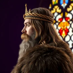 side - view portrait of a king, long hair and full beard, golden rope headband, furry coat, gothic stained glass window, purple background, masterful, backlit