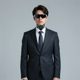 A full body portrait of Japanese man in business suit with futuristic sunglass implanted into his face, with cybernetic neck by, WLOP, Krenz Cushart, Guweiz, trending on ArtStation