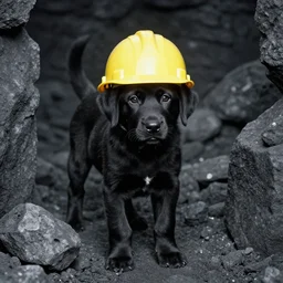 black puppy working in a coal mine, wearing hard hat, photo from 1 9 9 8,