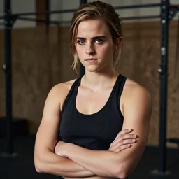 Emma Watson as a strong crossfit athlete, arms folded, in a gym, head and upper body in frame, photo portrait by Annie Leibovitz