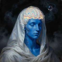 a neoclassicist close - up portrait of a blue man with glowing brain cloaked in silk with glowing bubbles and iridescent and reflective alien technology. foggy black background with dark puffy glowing clouds. highly detailed science fiction painting by norman rockwell, frank frazetta, syd mead and moebius. rich colors, high contrast, gloomy atmosphere, dark background. trending on artstation.
