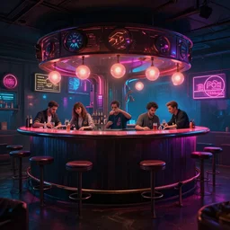 photo environement 1 9 6 0's bar, 4 k rtx hdr volume light concept studio matte painting environement digital illustration style cyberpunk 2 0 7 7 artstation artur tarnowski, mihai muscan, marcin tomalak, marta leydy, marcin stepien, charlotte hughes, zuzanna dabrowa neon bioluminiscence