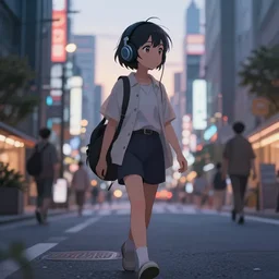 anime teen with headphones walking at the streets of tokyo at dawn, wlop, concept art, digital painting, trending on artstation, highly detailed, epic composition, 8 k uhd