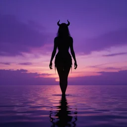 purple sunset limbo with a real black silhouette of a demonic walking on water, the sky falls to the ground, high detail