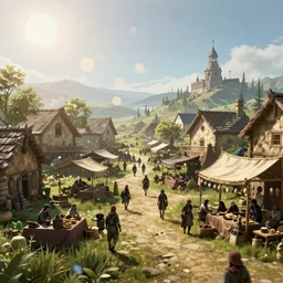 skyrim screenshot of the market of the town, daylight, summer, sun, 8 k octane render, enb, bokeh, ambient occlusion.
