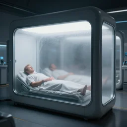 epic professional digital art of upright futuristic slim cryogenic chambers with frosted window and dim outline of sleeping patients within, hamish frater, jim burns, wayne barlowe, unreal engine 6 maya render, octane, hd, 4 k