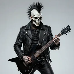 a portrait of the grim reaper as a punk rocker playing an electric guitar, punk, skeleton face, mohawk, dark, fantasy, leather jackets, spiked collarsand wristbands, piercings, boots, ultrafine detailed pencil art on paper by frank frazetta and vito acconci and and takeshi obata, death note style, symetric body, sharp focus