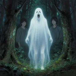 in the style of thomas kinkade, shinsui ito, joshua middleton, transparent ghost screaming, full body, in the woods, moody lighting, dark fantasy