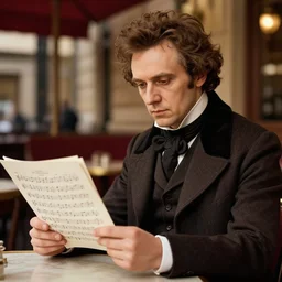 professional fine detailed photo portrait of a man resembling franz schubert sitting at the cafe and reading musical sheet, franz schubert look alike, rich colors, iphone photo, 4 k photo, instagram, realistic photo, detailed photo, very beautiful photo