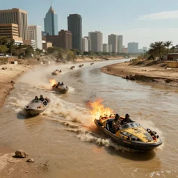 city, dried up river, fire, boats in mad max fury road style, riding on the dried up river