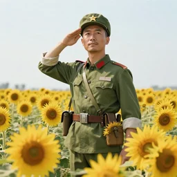 Communist Propaganda Poster of a soldier in a sunflower field.