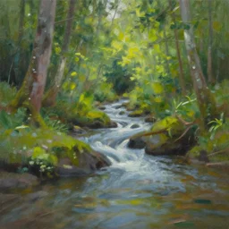 a breathtaking painting of a stream in a forest by Bob ross
