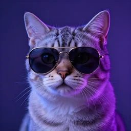 a cat wearing aviator sunglasses by greg rutkowski, blue and purle lighting, digital art, ultra realistic, ultra detailed, photorealistic, 4k, character concept