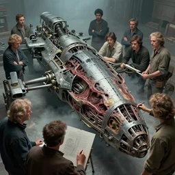 concept machine draws machine overhead fuselage, necrotized, by virgil finlay, jack kirby, b. wrightson, alberto bontempi, shigeru komatsuzaki, wayne d barlowe, alex ross, enric torres, simon bisley & boris vallejo, hyper realism, cinematical, narrative light, muted colors, epic, hyper detailed, awe