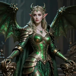 Gothic elf princess in green dragon armor, bronze statue, unreal engine, high detailed
