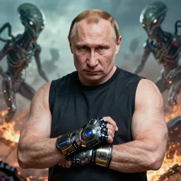 A very muscular Vladimir Putin with a futuristic weapon in his hands, against the background of fighting against aliens, detailed style, super quality.