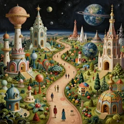 a whimsical surreal matte painting of a winding path through outer space worlds, surreal architecture and megastructures inspired by heironymous bosch's the garden of earthly delights, vast landscapes by asher durand and cyril rolando and natalie shau, insanely detailed and intricate, elite, masterpiece, elegant
