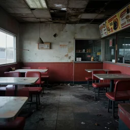 photograph of the interior of an abandoned fast food restaurant by lilia alvarado, sad, depressing