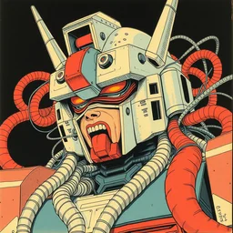 risograph grainy drawing vintage sci - fi, satoshi kon color palette, gigantic gundam full - body covered with human bodies and wires, with lot tentacles, vermilion and black hues, codex seraphinianus painting by moebius and satoshi kon and dirk dzimirsky close - up portrait