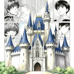 castle scene manga, comic book panels background, style of kentaro miura and kazue kato, sketch, black and white, very detailed medieval, comic book art n5
