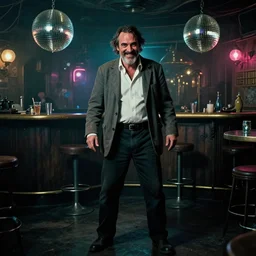 the full - body shot of drunk crazy smiling wrinkled unkempt detective joaquin phoenix with mutton chops beard worn in grey jacket and white shirt in dark steampunk fallout disco bar, cinematography of christopher doyle, frostpunk, neon gloomy light, discoball reflections, anamorphic, optical flares, kodak film, insanely detailed, 8 k