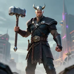 digital cyberpunk art, viking holding thors hammer