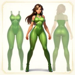 a character design sheet of a girl with a green thight bodysuit; insanely large hips, insanely tiny waist; official Hearthstone art style trending on Artstation