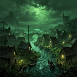 medieval fishing village, lovecraftian, digital art, green ambient lights, trending artstation, 4 k, masterpiece