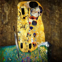 full body, attack position Gustav Klimt painting in lush fantasy environment of a ornate holy mechanical warforged with circular glowing eye, character in yellow armor holding a legendary paladin engraved holy great longsword and carrying a huge heavy paladin shield, vertically flat head, face in focus, epic , trending on ArtStation, masterpiece,  cinematic lighting