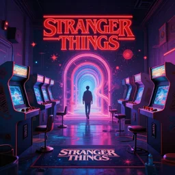 stranger things poster of a retro arcade room of Magical portals