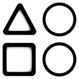 3 separate simple shapes, triangle square circle, solid black on white, black and white vector art, in a row