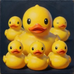 intricate five rubber ducky by pablo picasso, oil on canvas, hdr, high detail, photo realistic, hyperrealism, surrealism, cinematic, matte finish, high contrast, 3 d depth, centered, masterpiece, vivid and vibrant colors, enhanced light effect, enhanced eye detail, artstationhd