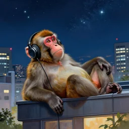 a hyper detailed, 4 k painting of a monkey wearing headphones while it's laying down and looking up at the night sky somewhere in japan on a building in tokyo