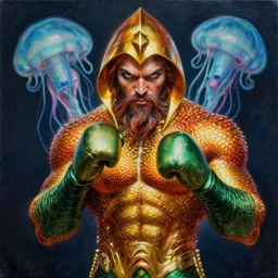 intricate five star portrait of aquaman boxing the jellyfish man, oil on canvas, hdr, high detail, photo realistic, hyperrealism, matte finish, high contrast, 3 d depth, centered, masterpiece, vivid and vibrant colors, enhanced light effect, enhanced eye detail, artstationhd