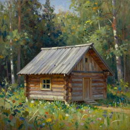 one log cabin in the forest, beautiful painting, oil on canvas, by Ewa Czarniecka, award winning masterpiece,